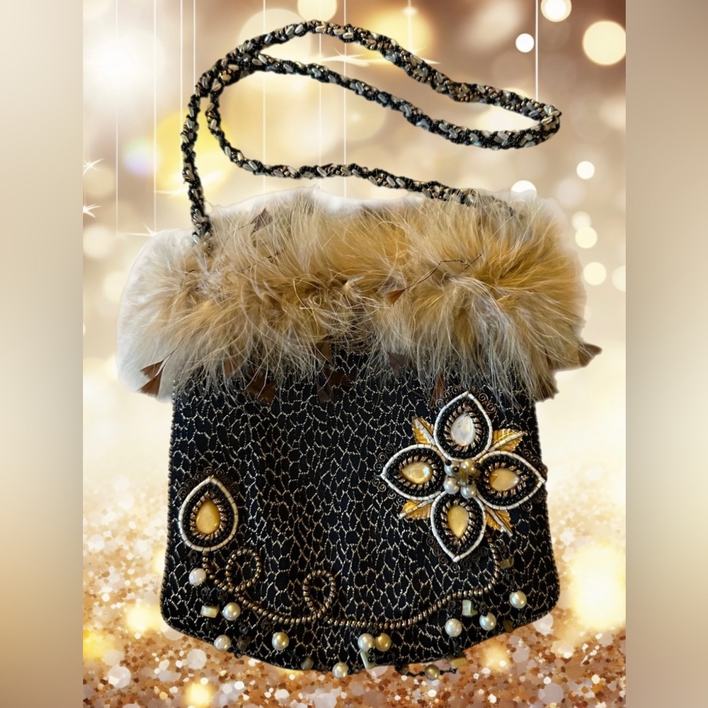 MARY FRANCES Black/Brown with Gold & Cream Bead Embellishments & Feathers